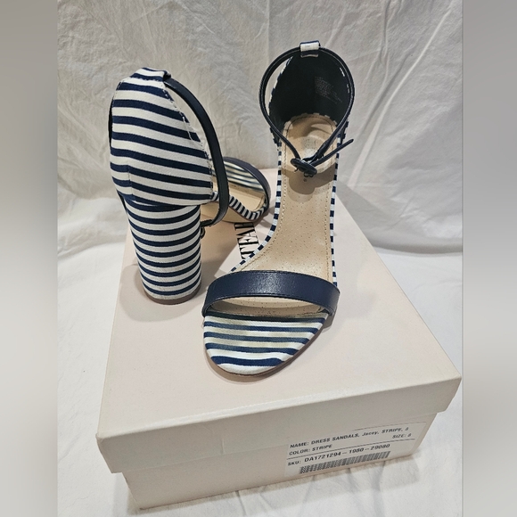 JustFab Blue and White Striped Heeled Sandals with Ankle Strap - Picture 1 of 7